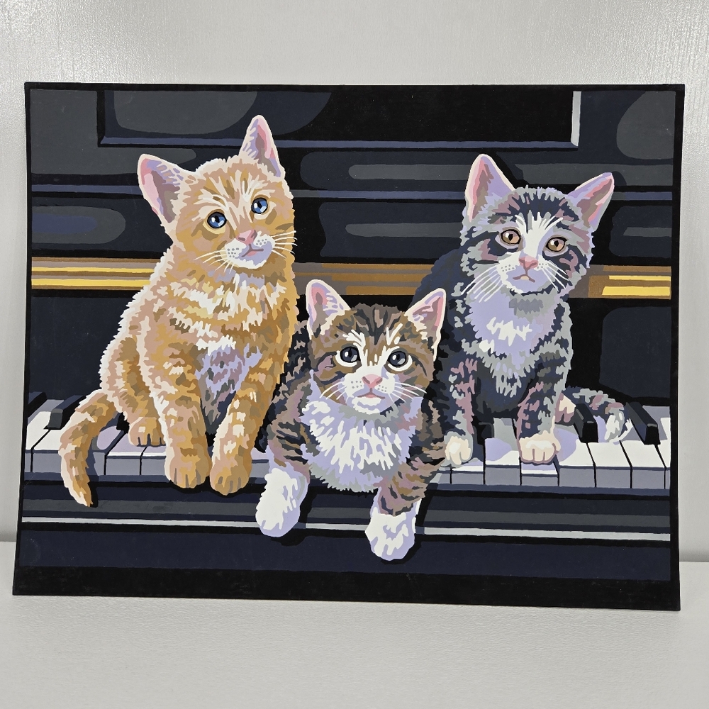 Vtg Musical Trio Finished Acrylic Paint By Number Cats On Piano 14x11 W Border